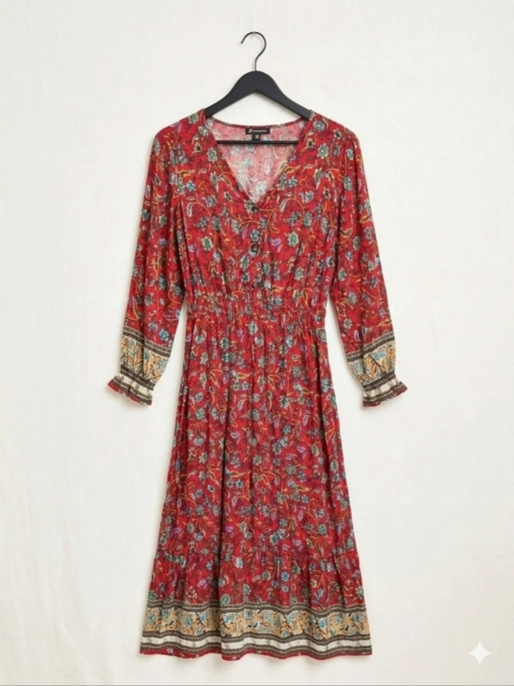 PRETTYGARDEN Long Sleeve V-Neck Casual Button Down Boho Floral Maxi Dress.